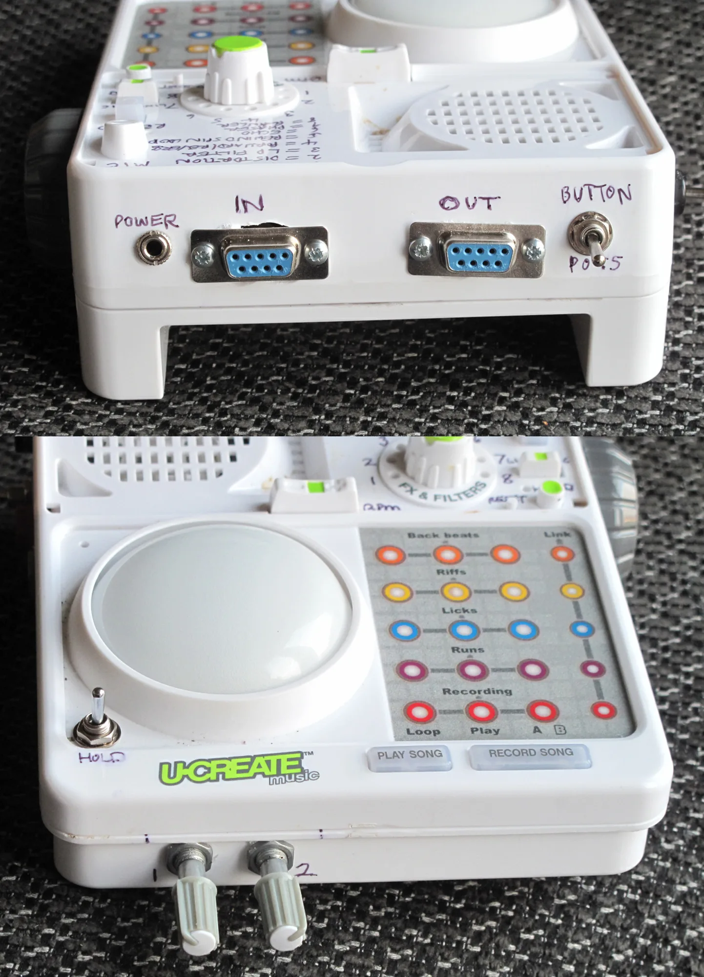 The front and back of the finished, modified UCreate side by side.