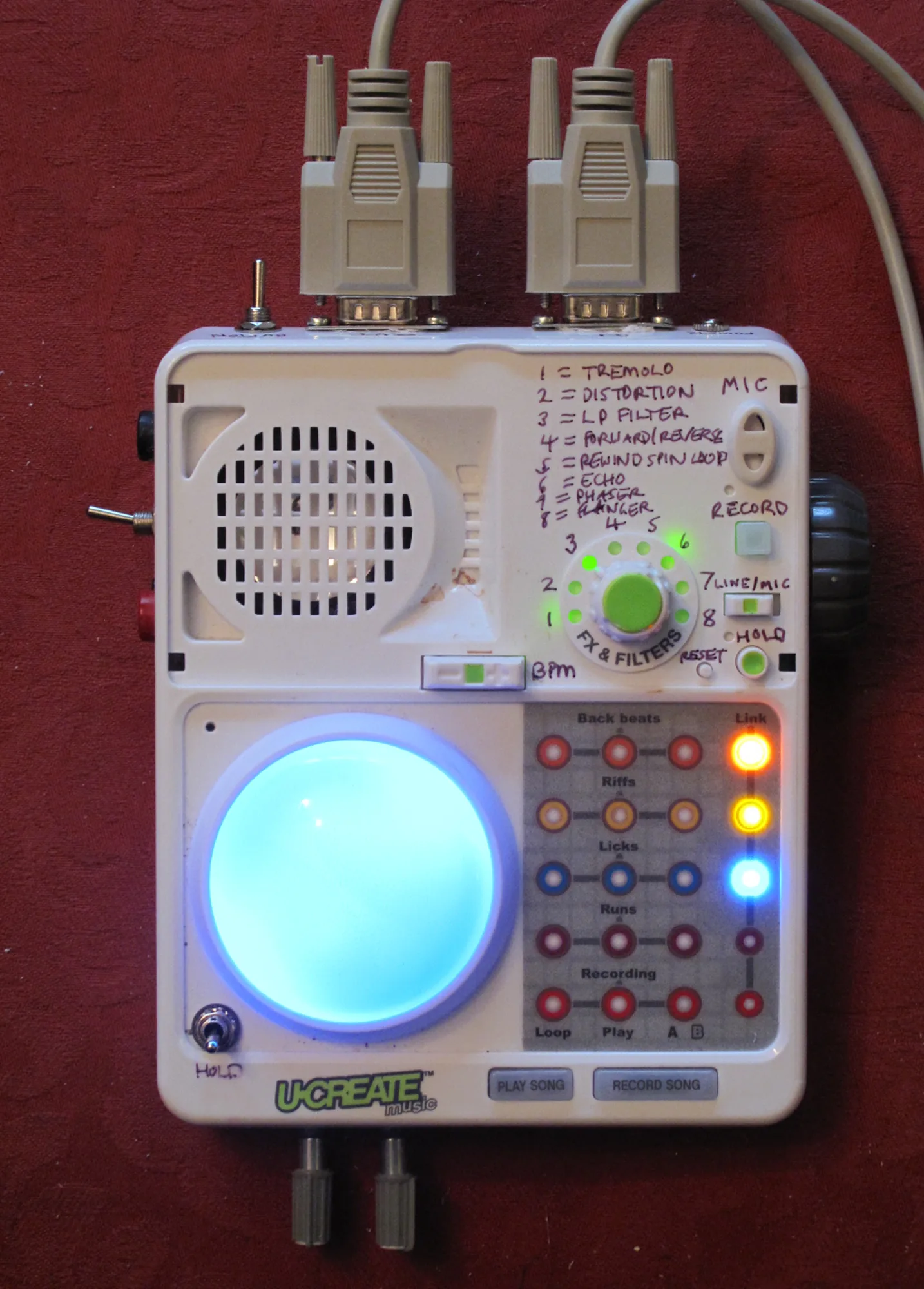 The modified UCreate in operation, the big control button lit up in use.