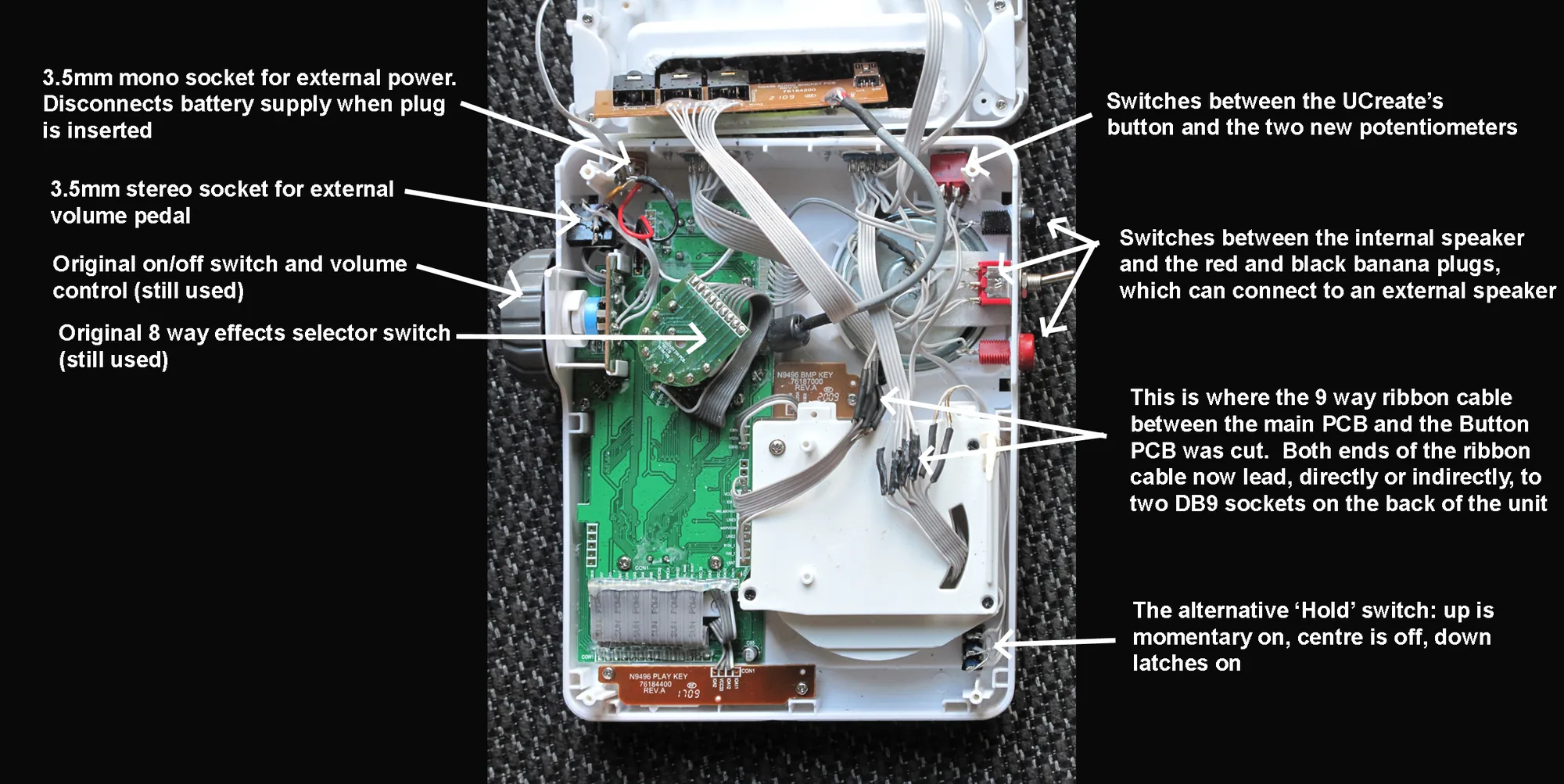 Annotated close-up of the inside of the modified UCreate, with captions calling out each of the changes.