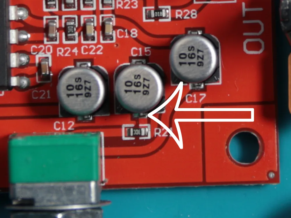 Close-up of the board showing the location of capacitor C15 next to R21.