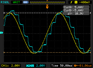 Oscilloscope capture with glide partway up: the same yellow sine and cyan sampled output, but now the vertical edges between steps have become sloped ramps instead of instant jumps, rounding off the corners of the staircase. Both channels at 2V per division, 50 milliseconds per division.