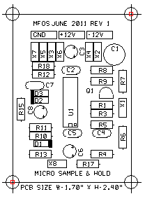 Parts placement drawing for the Micro Sample and Hold board. Component outlines are labelled with their designators: U1 in the centre, resistors R1 through R18, capacitors C1 through C8, transistor Q1, diodes D1 to D3, and connection points X1 to X8. Marked "MFOS JUNE 2011 REV 1" at the top and "MICRO SAMPLE & HOLD" at the bottom, with a note that the PCB size is 1.70 inches wide by 2.40 inches high.
