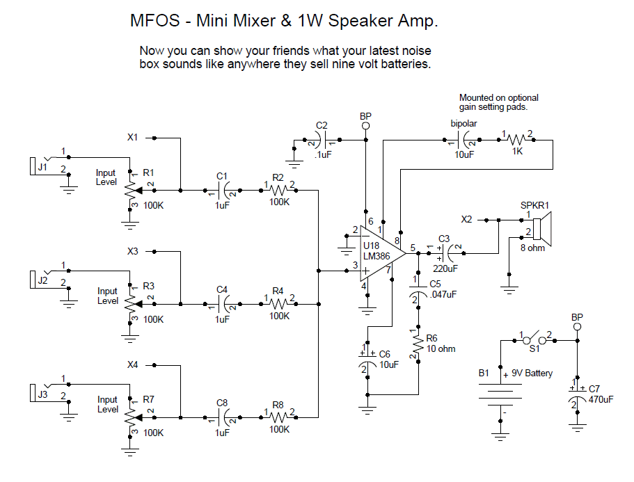 Rev 0 (original) schematic of the MFOS mini mixer and 1W LM386 amplifier.