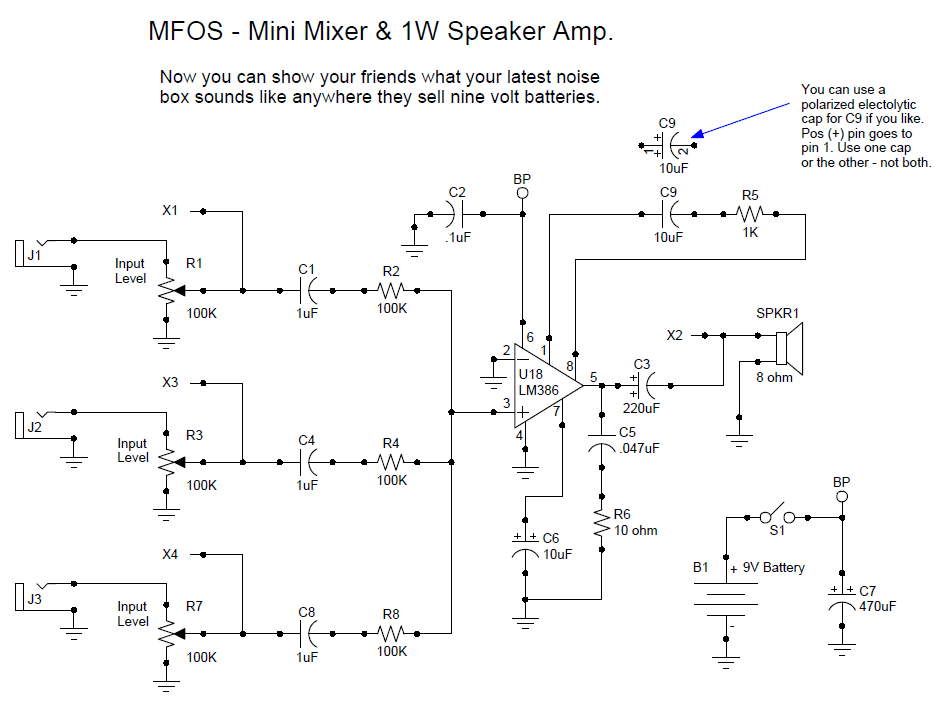 Rev 02 schematic of the MFOS mini mixer and 1W LM386 amplifier.
