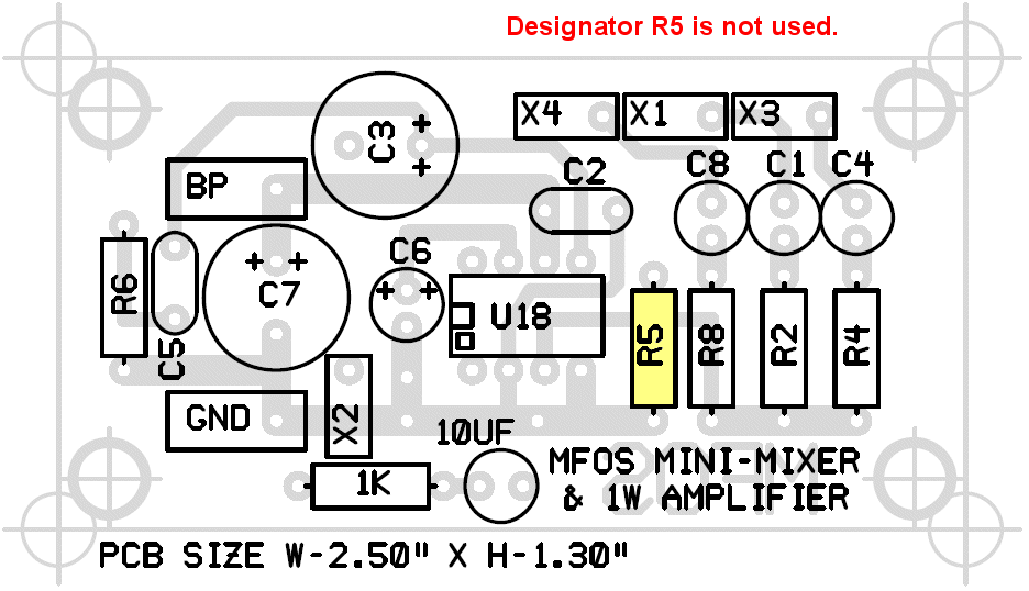 Rev 0 PCB parts layout with component designators, including the optional gain-set pads.