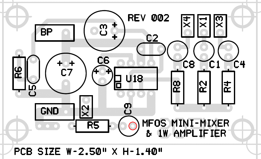 Rev 02 PCB parts layout with component designators; C9's positive pad is marked with a red circle.