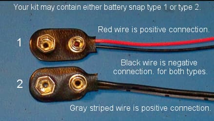 Type 1 (red and black wire) and type 2 (two black wires, one white-striped) 9V battery snaps.