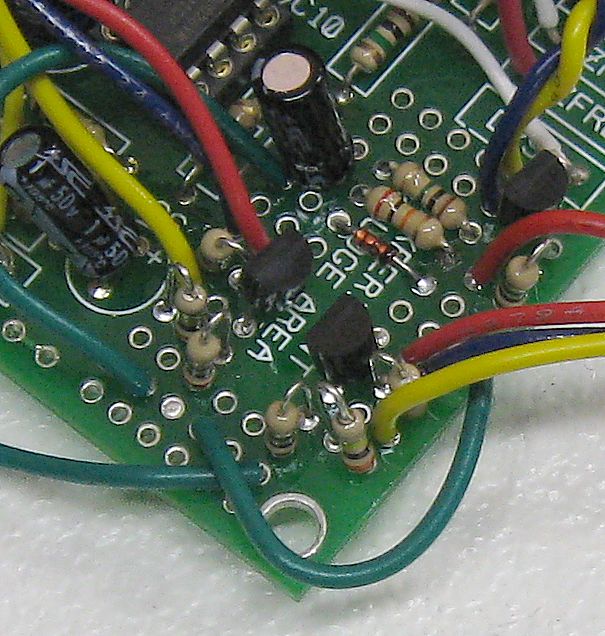 Ray's WSG circuit board after modification - a dense 'kludge' of extra components added to the spare pad area.