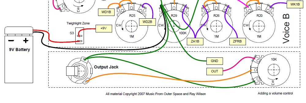 Wiring diagram for adding a 10K volume control pot between the WSG's OUT and the output jack.