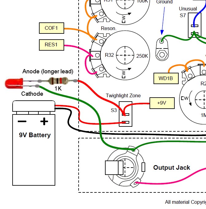 Wiring diagram for a power-on indicator LED with a 1K current-limiting resistor, fed from the power switch.