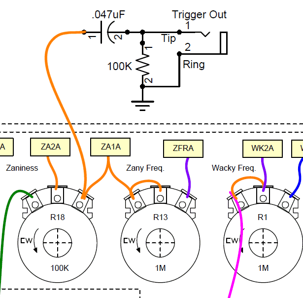 Wiring diagram for a Channel A Zany oscillator trigger output.