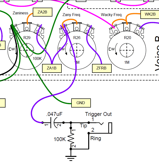 Wiring diagram for a Channel B Zany oscillator trigger output.