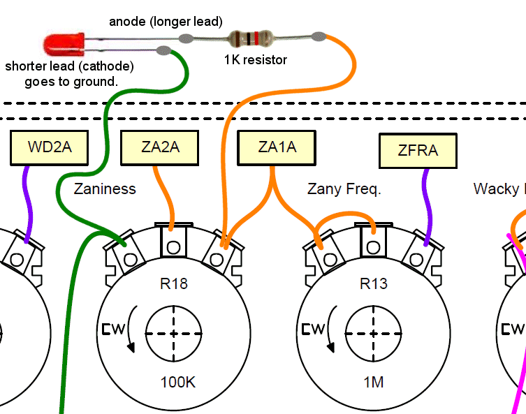 Wiring diagram for a Channel A Zany Frequency indicator LED with a 1K current-limiting resistor.