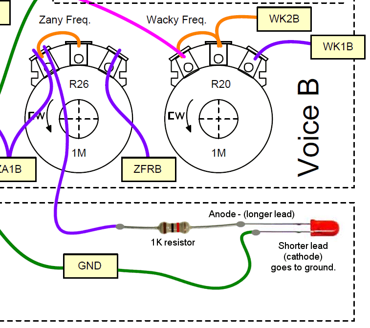 Wiring diagram for a Channel B Zany Frequency indicator LED with a 1K current-limiting resistor.