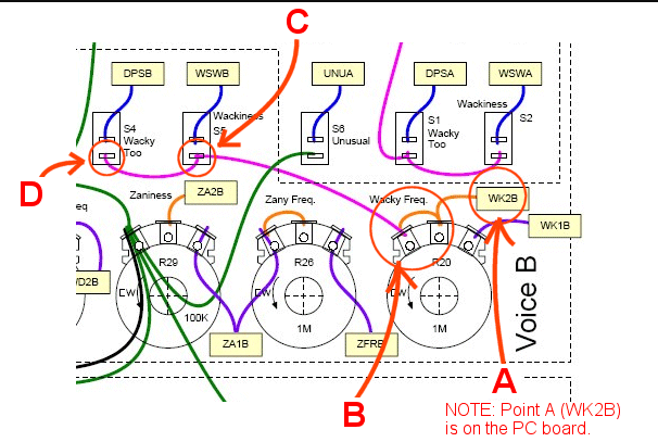 Panel wiring diagram with the corresponding connection points highlighted for tracing signals.