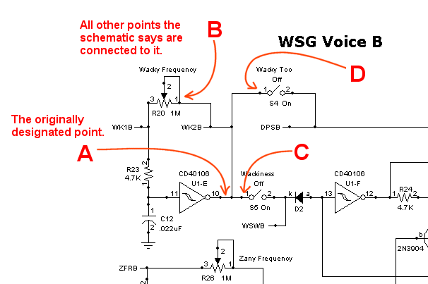WSG schematic with all the circuit points that connect to U1-E pin 10 highlighted.