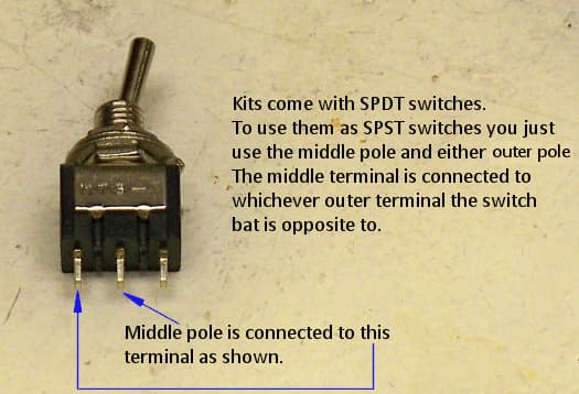 An SPDT toggle switch with three terminals, showing how the common middle terminal connects to one outer terminal so it can be used as an SPST.