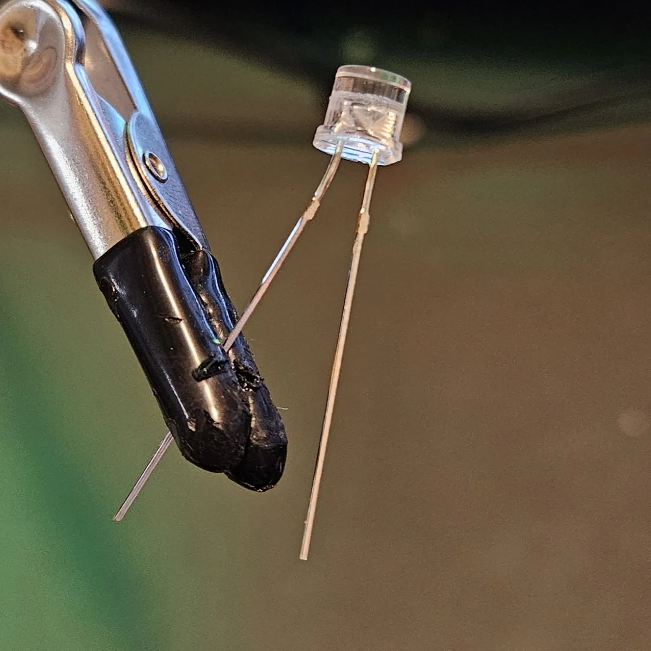 A 5 mm LED with its two legs, the longer leg marking the positive anode side.