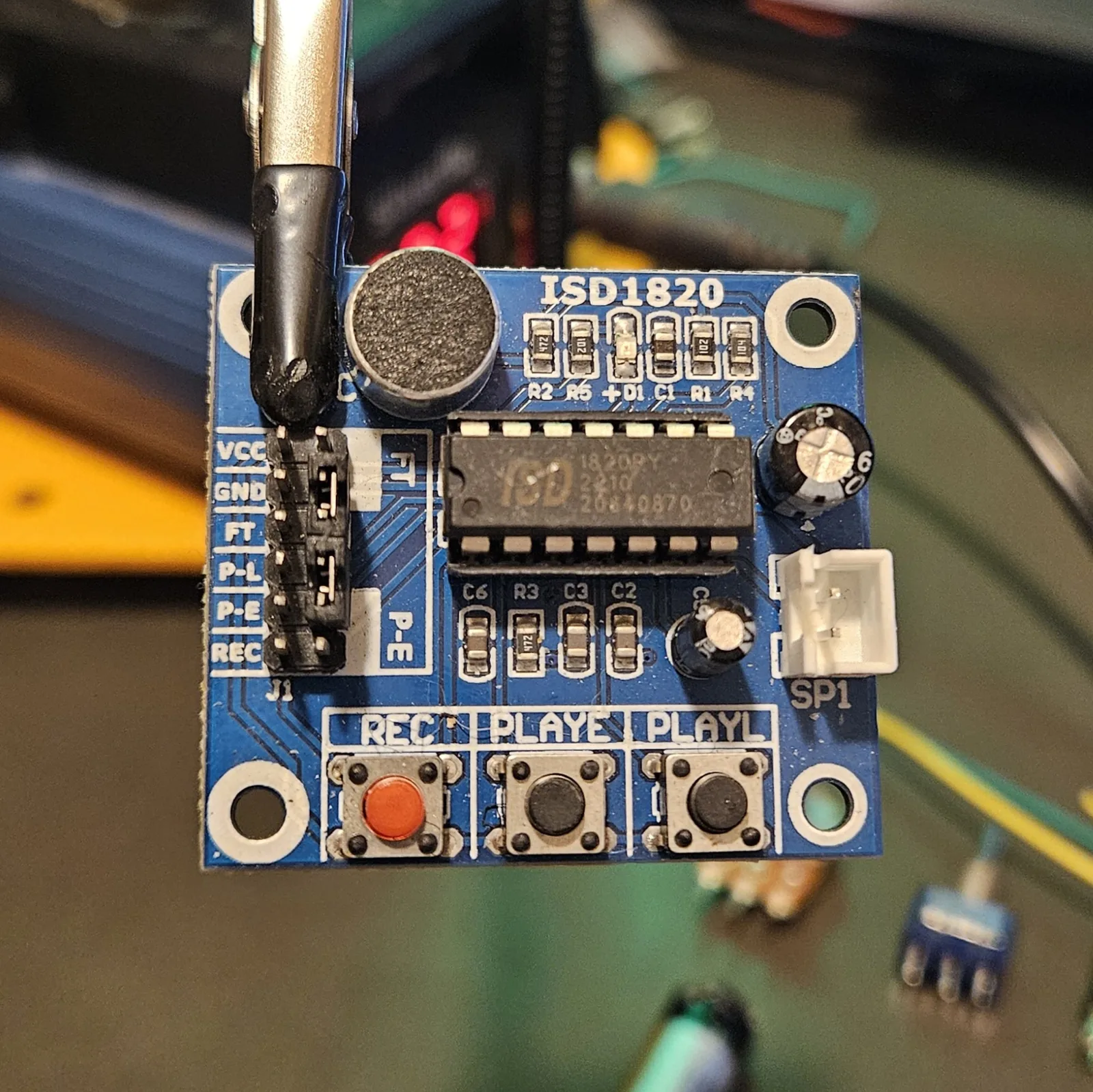 Close-up of the ISD1820 module front. The header along the left edge is silkscreened top to bottom VCC, GND, FT, P-L, P-E, REC. The ISD chip sits in the centre marked ISD 1820PY, with the round electret microphone above it, a white two-pin connector marked SP1 on the right for the speaker, and three tactile buttons across the bottom labelled REC, PLAYE and PLAYL.
