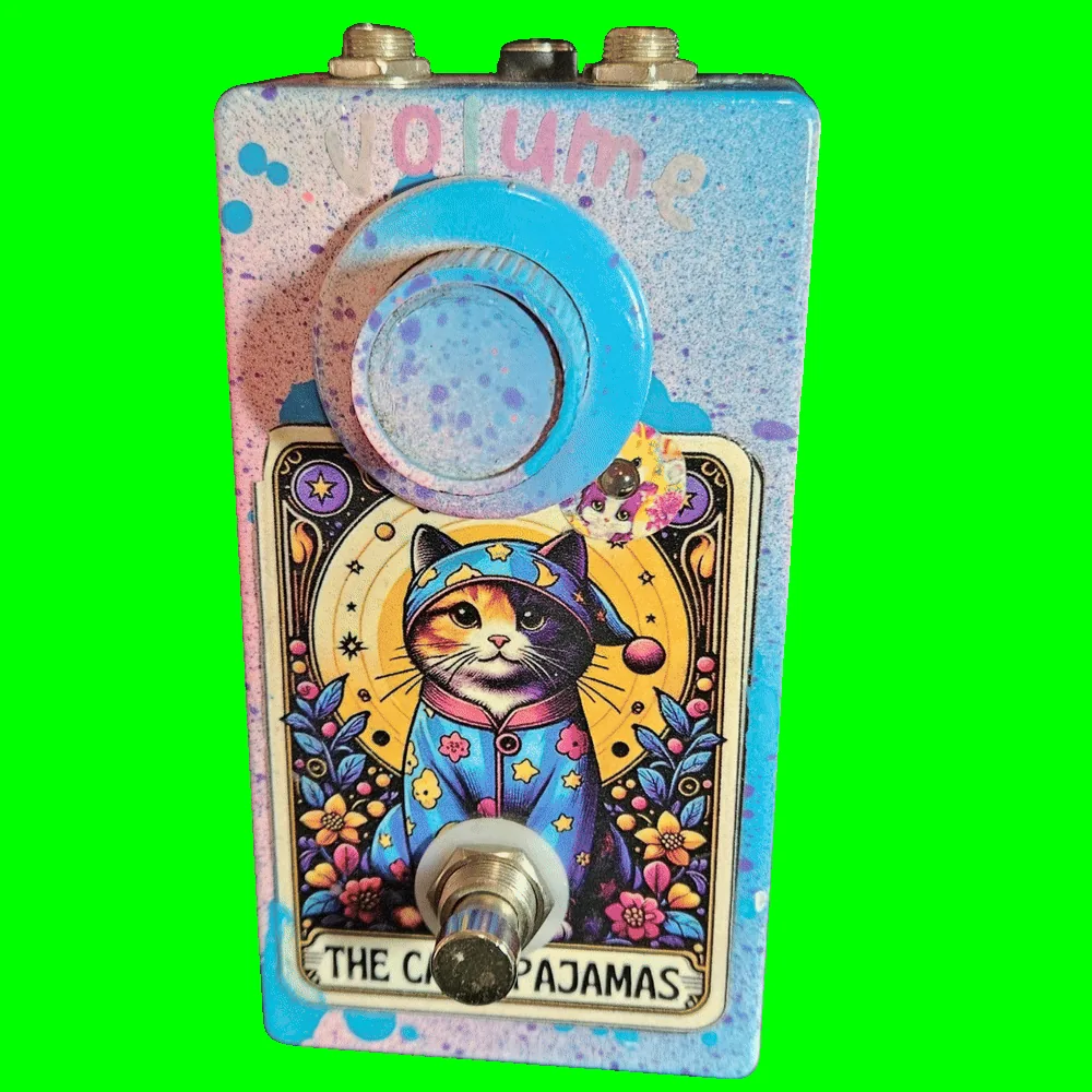The Cat's Pajamas prototype pedal with tarot-card cat artwork