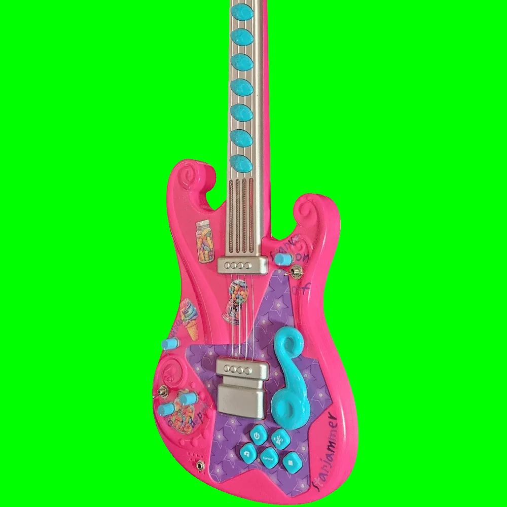 Starjammer - pink and purple star-covered toy guitar, circuit-bent with added knobs and switches and candy decorations